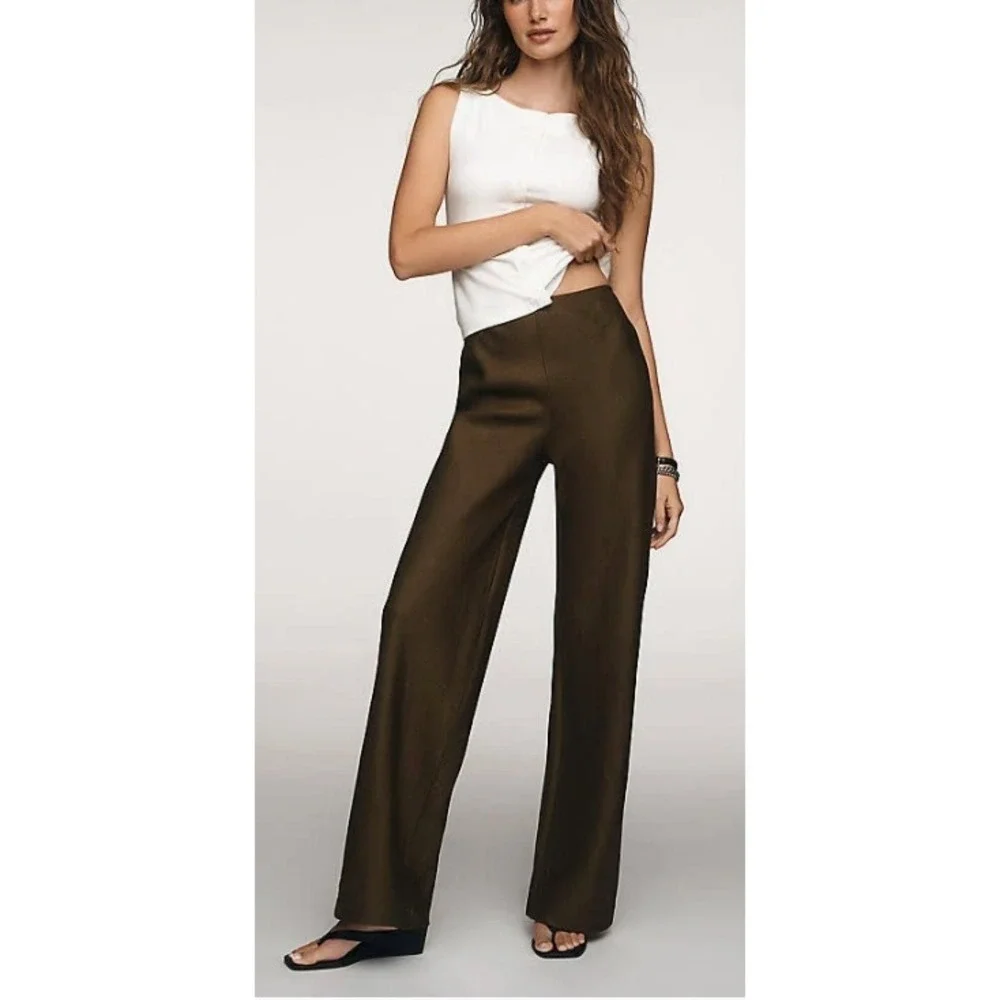 NWT Reformation Gale Linen Mid Rise Wide Leg Pants Dark Olive XS